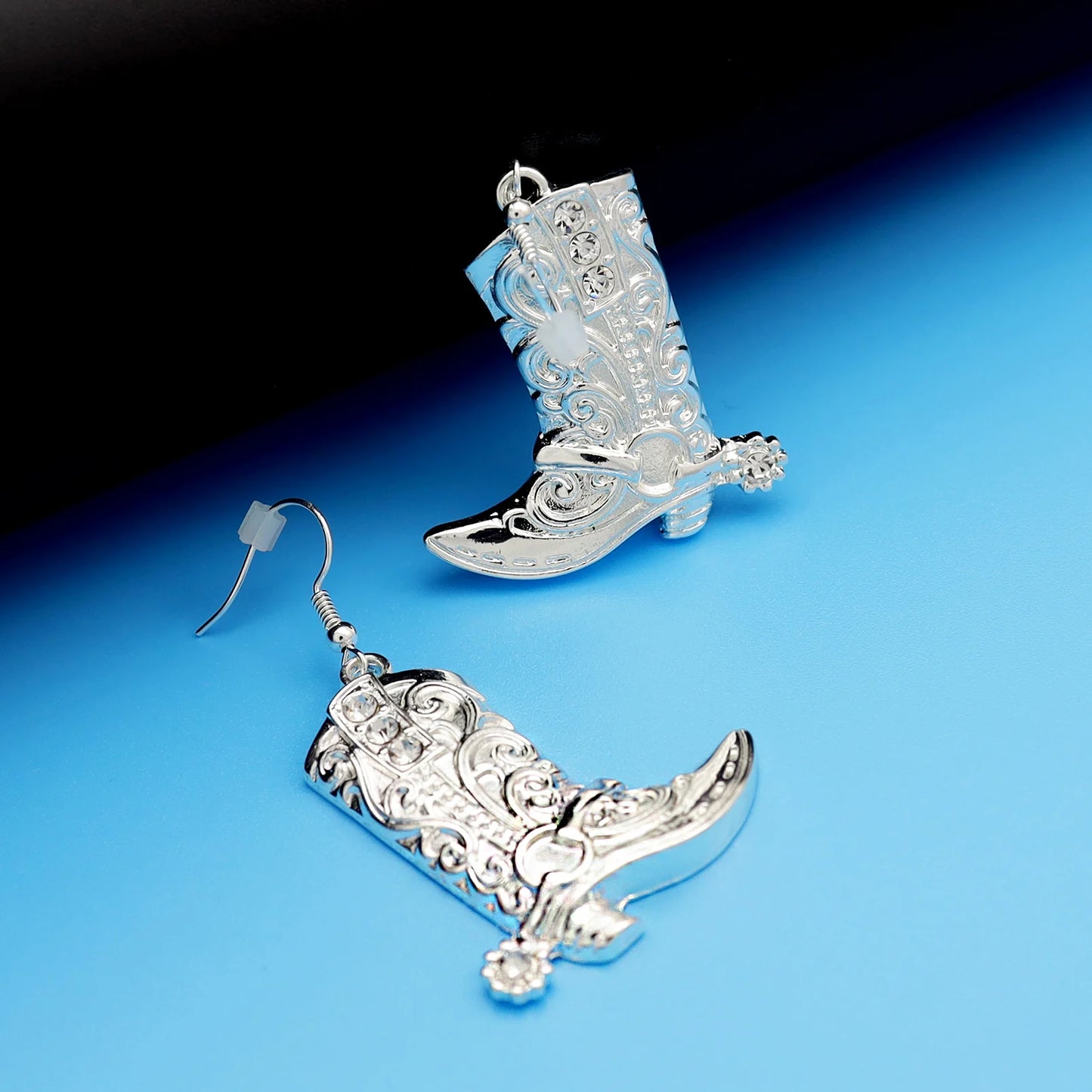Vintage Stainless Steel Hook Cute Boots Crystal Earrings Western Cowgirl