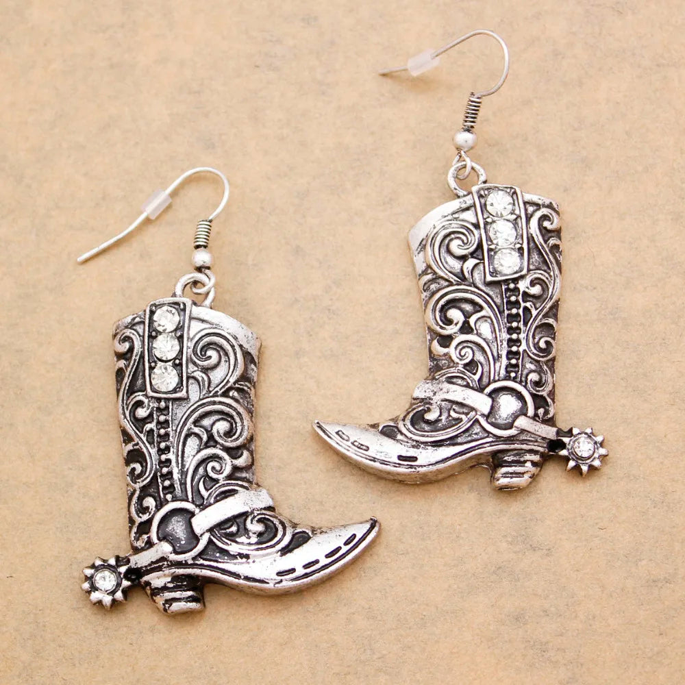 Vintage Stainless Steel Hook Cute Boots Crystal Earrings Western Cowgirl