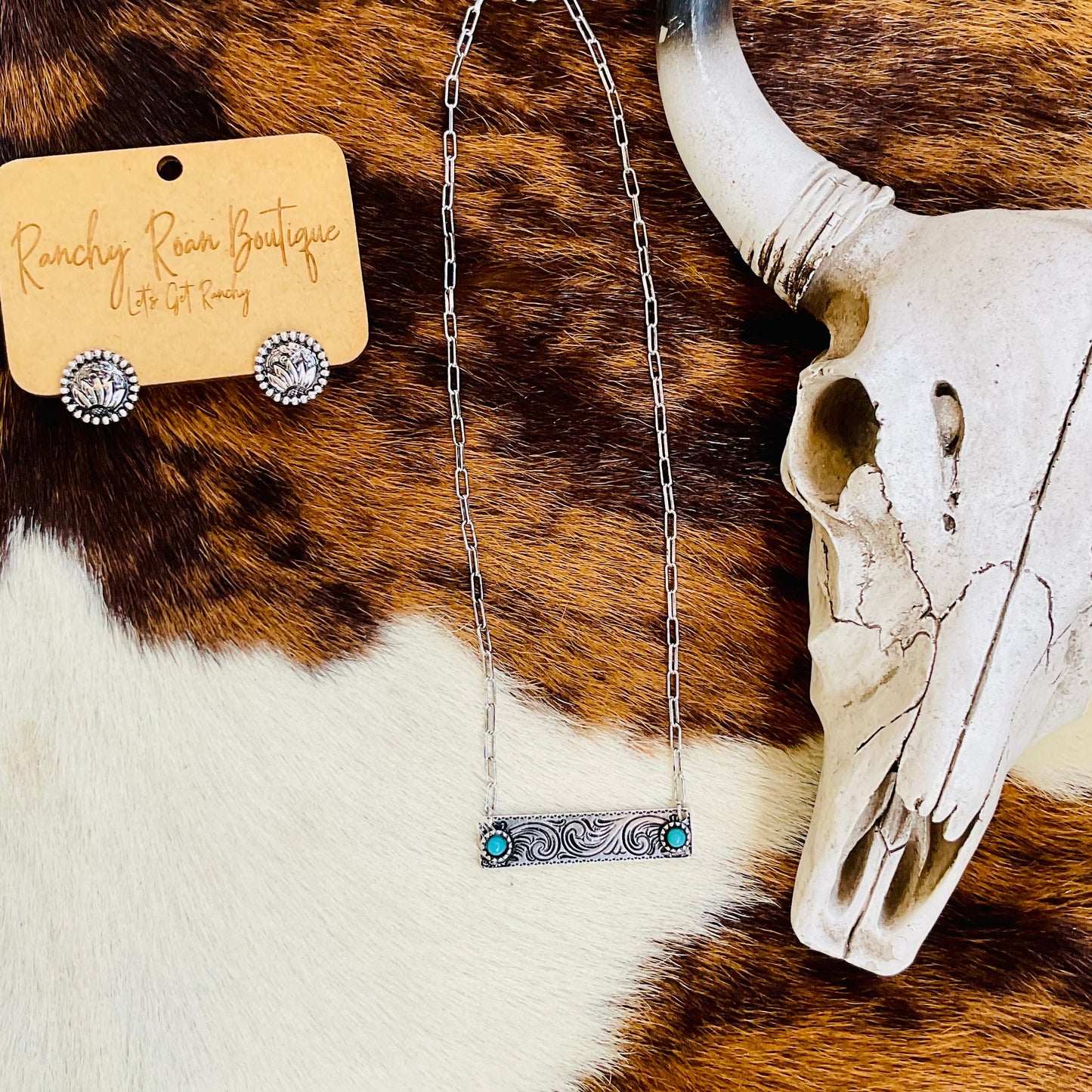 Western Etched Stone Bar Necklace Adjustable Cowgirl Jewelry