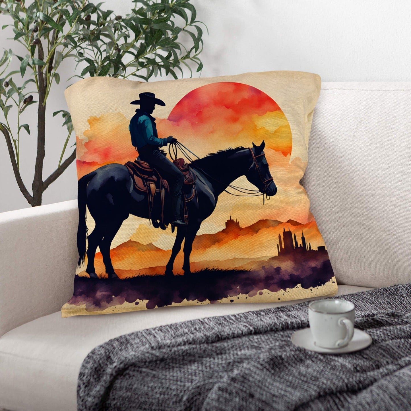 Watercolor Desert Cowboy Throw Pillow Case Made in America