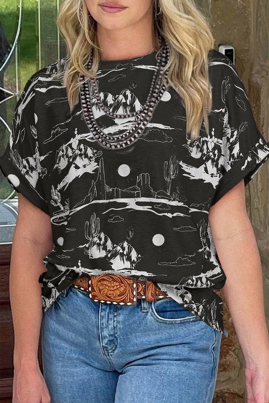 Black Summer Desert Sand Print Short Sleeve Tee