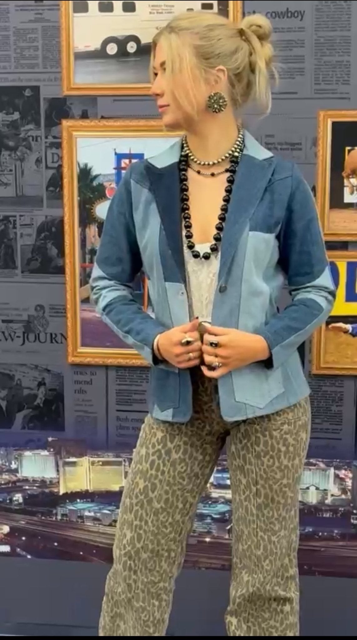 Denim Patchwork Blazer with Front Pockets
