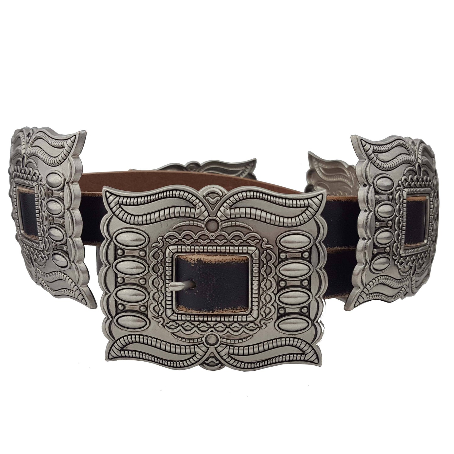 Western Silver Rectangular Concho Leather Belt - Brown or Black