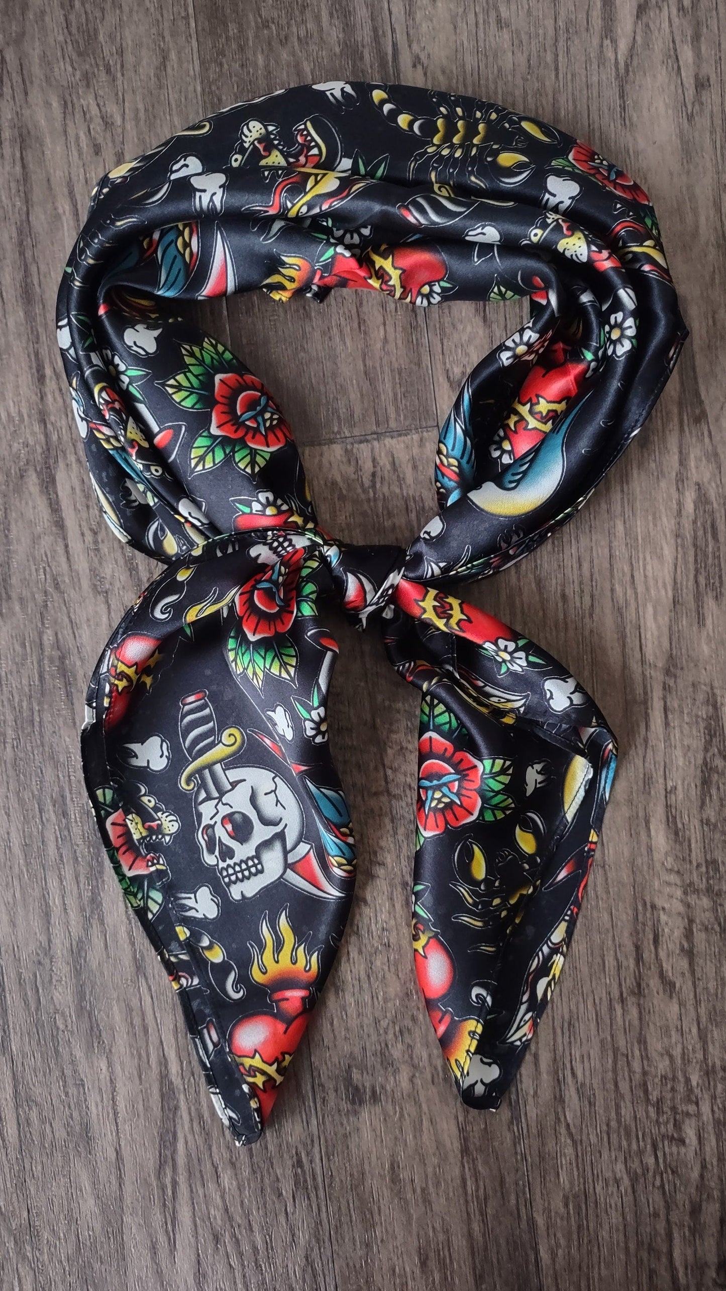 Wild Rag 100% SILK Black with Classic Tattoos Cowboy Western Neck Scarf Bandanna by Double B Wild Rags
