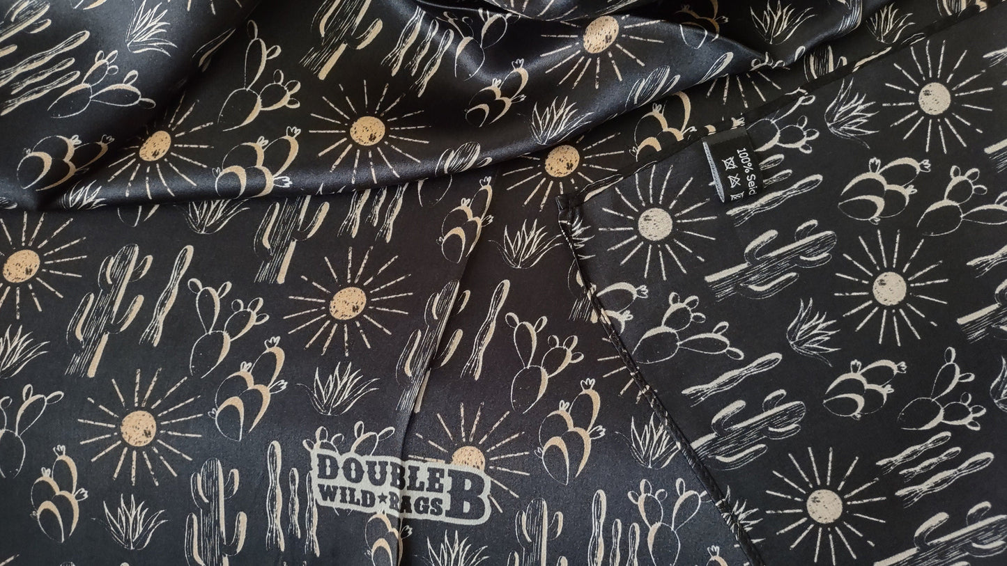 Wild Rag 100% SILK Black Cactus and Sun  Western Neck Scarf Bandanna by Double B Wild Rags
