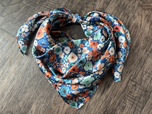 100% Silk Wild Rag Dainty Navy Orange and mint green floral by Double B Wild Rags
