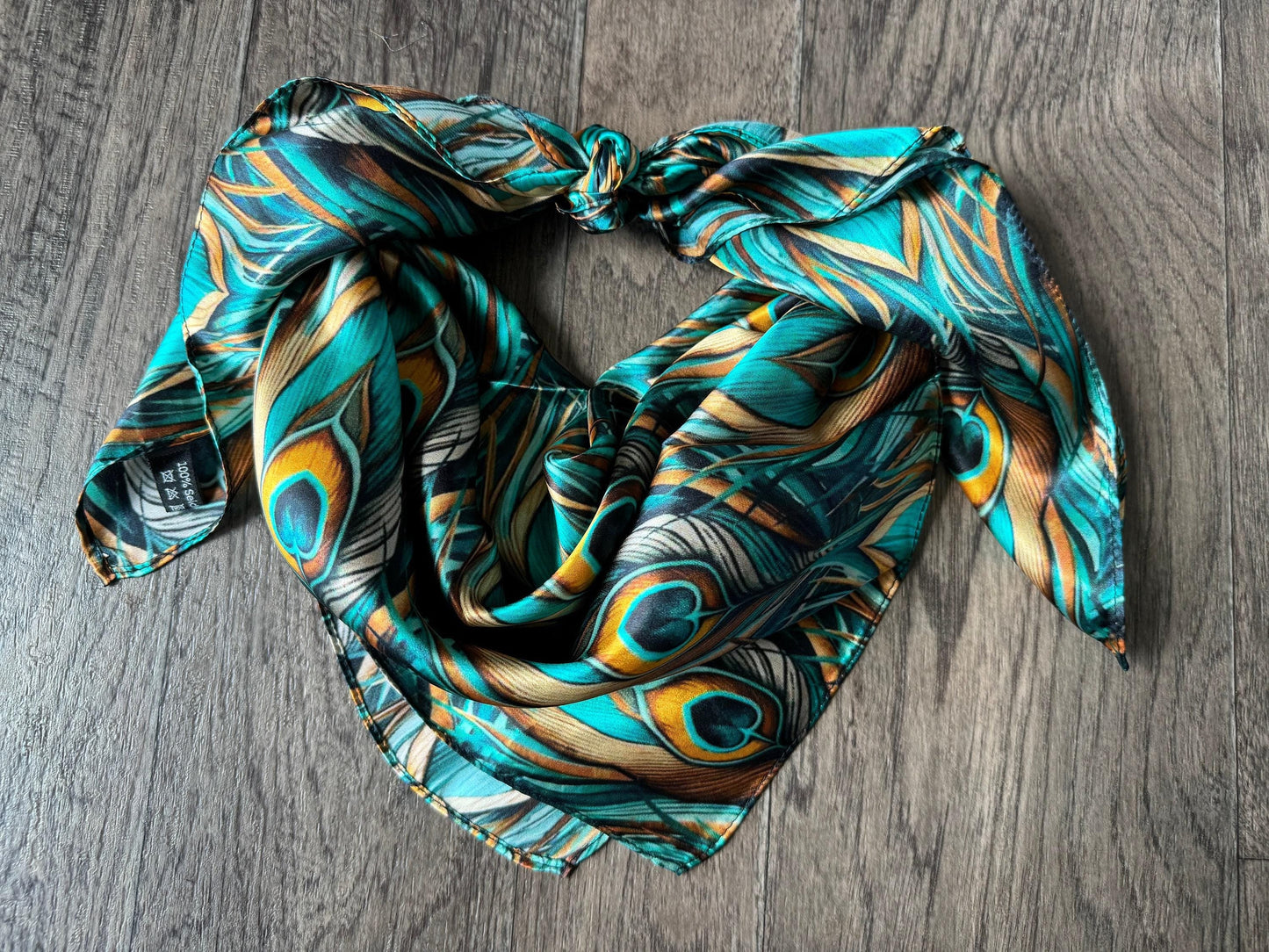 100% Silk Wild Rag Teal and Gold Peacock Feather by Double B Wild Rags