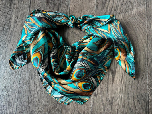 100% Silk Wild Rag Teal and Gold Peacock Feather by Double B Wild Rags