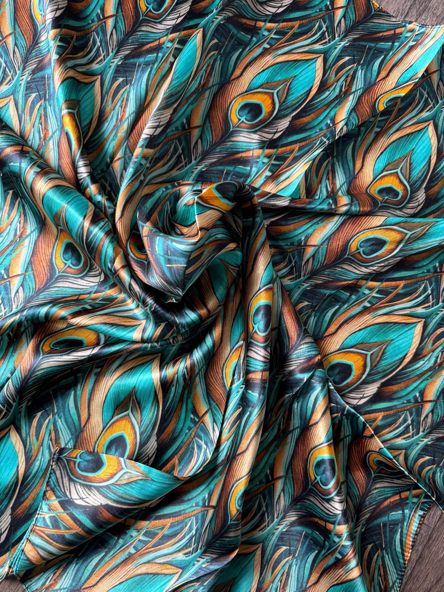 100% Silk Wild Rag Teal and Gold Peacock Feather by Double B Wild Rags