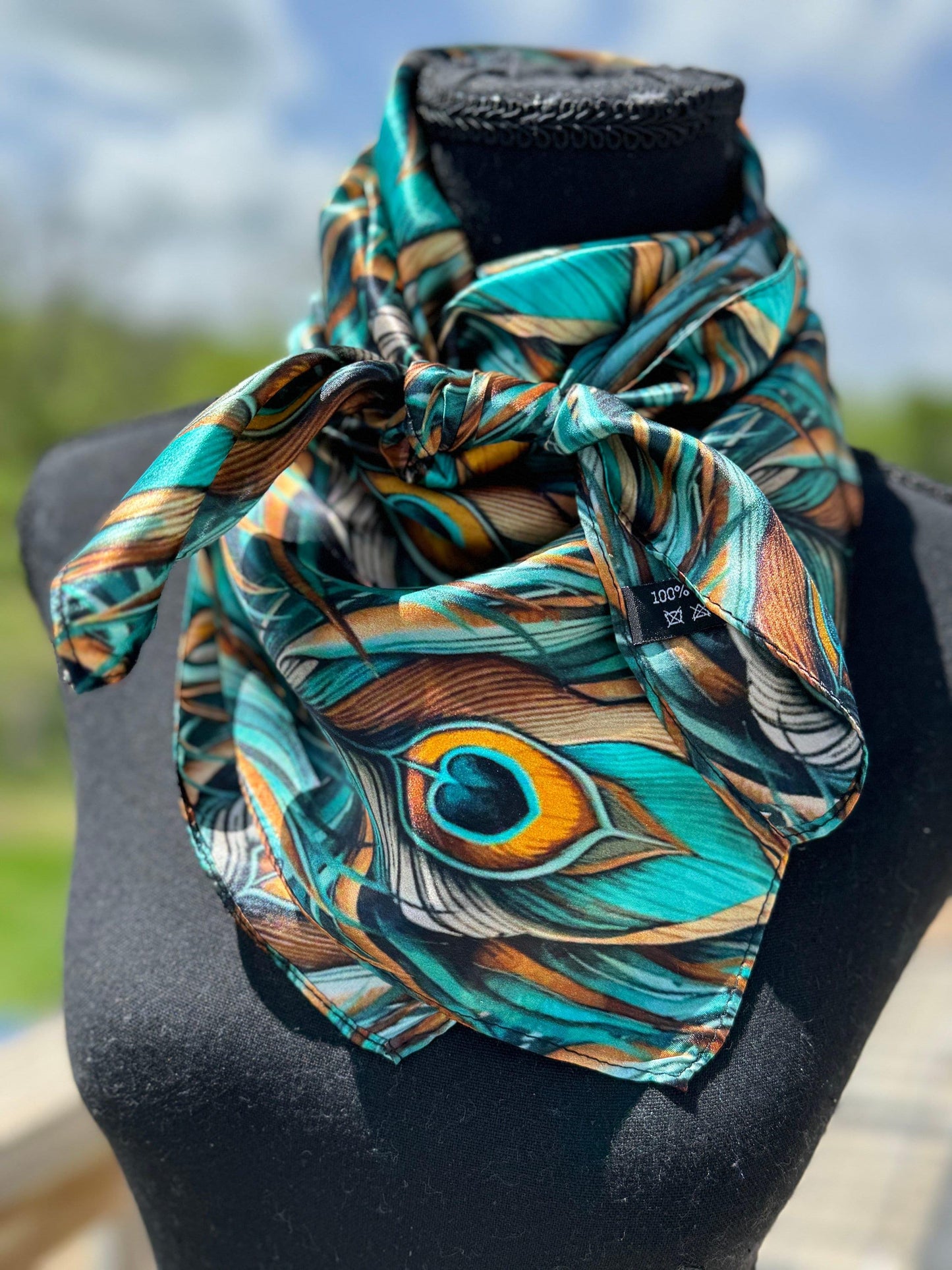 100% Silk Wild Rag Teal and Gold Peacock Feather by Double B Wild Rags