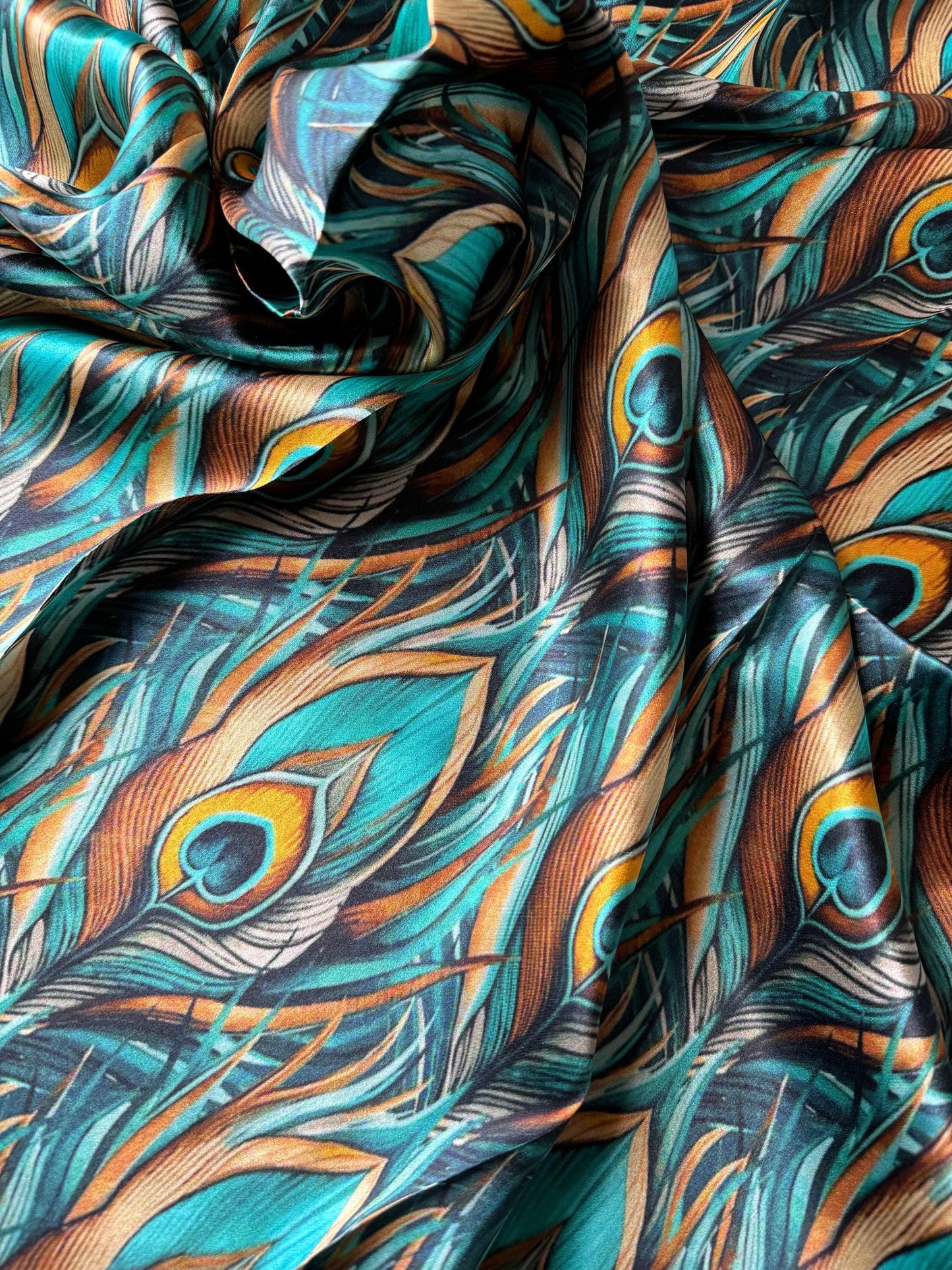 100% Silk Wild Rag Teal and Gold Peacock Feather by Double B Wild Rags
