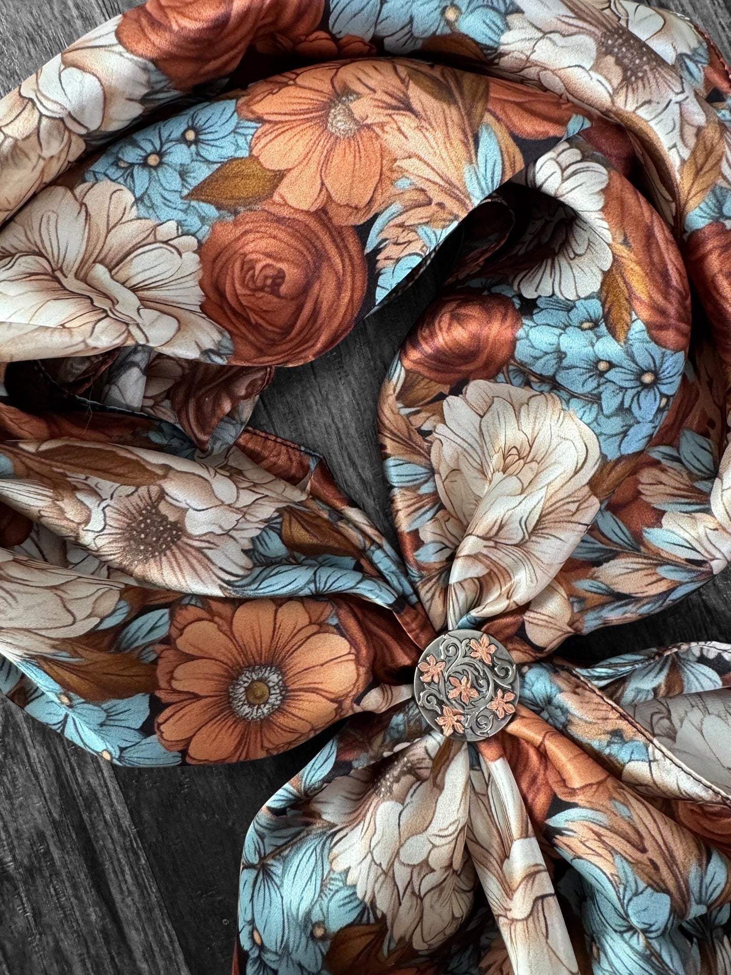 100% Silk Wild Rag Blue, Rust, Ivory, Brown floral by Double B Wild Rags