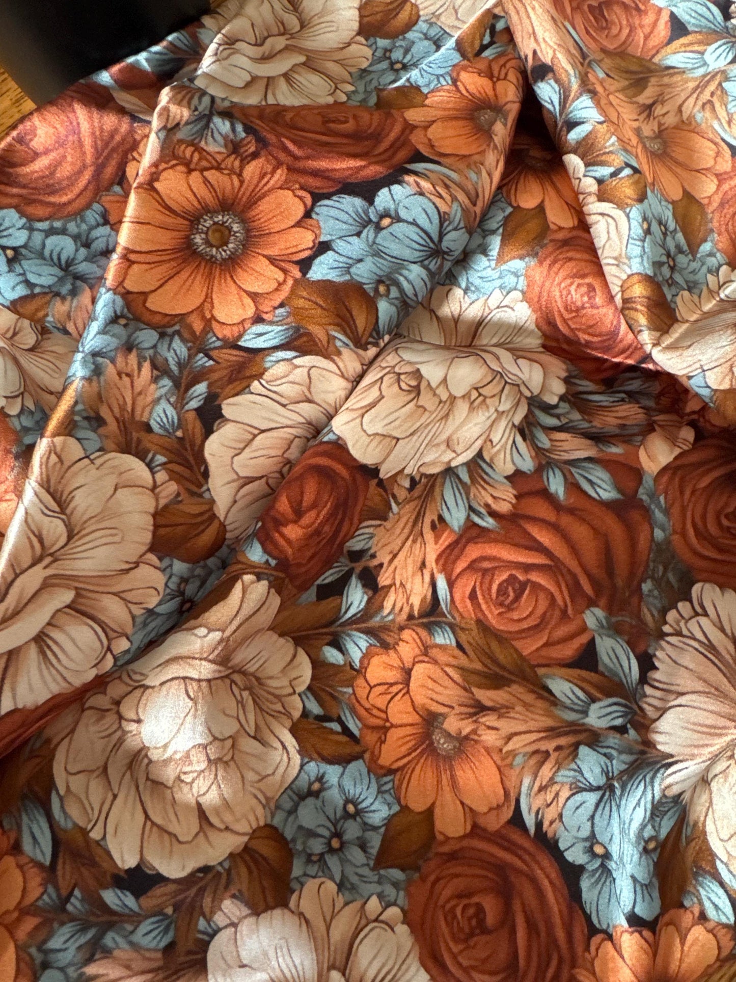 100% Silk Wild Rag Blue, Rust, Ivory, Brown floral by Double B Wild Rags