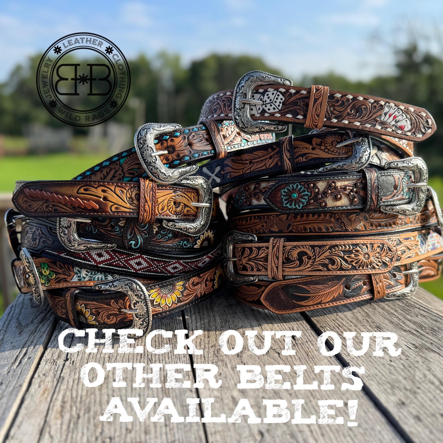 Genuine Leather Western Belt with tooled Succulent Cactus Flowers by Double B Wild Rags