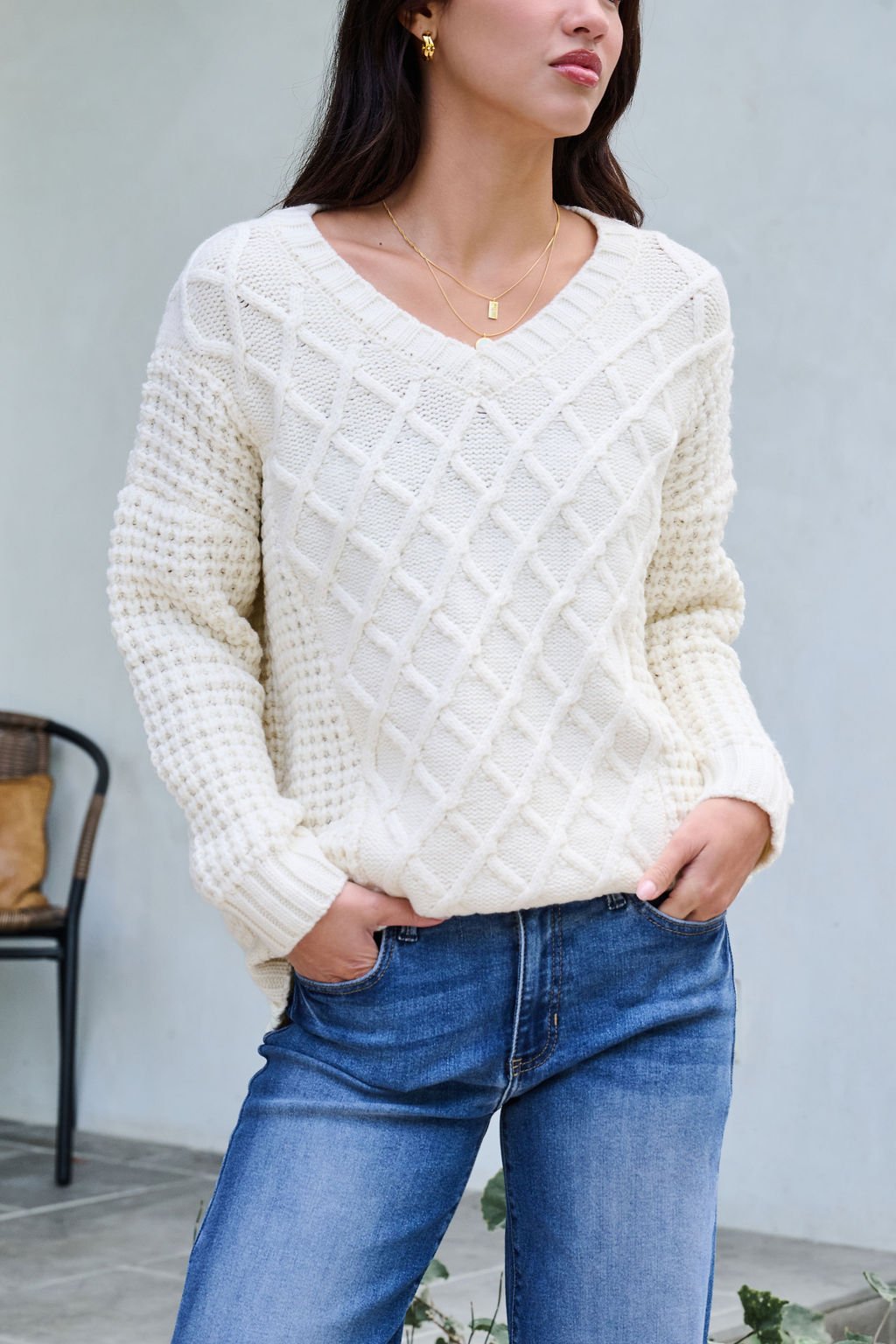 Ivory Textured Cable Knit Sweater