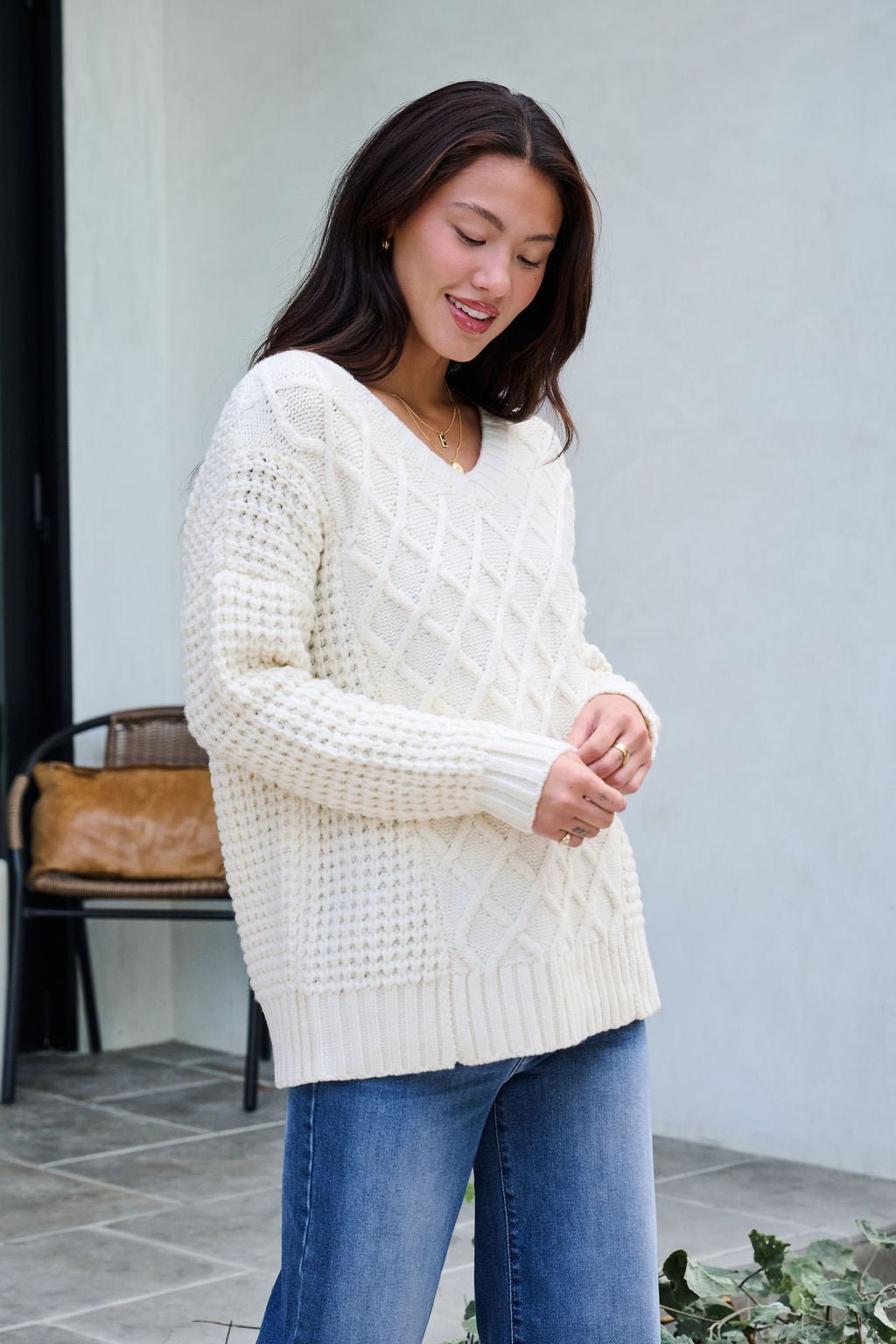 Ivory Textured Cable Knit Sweater