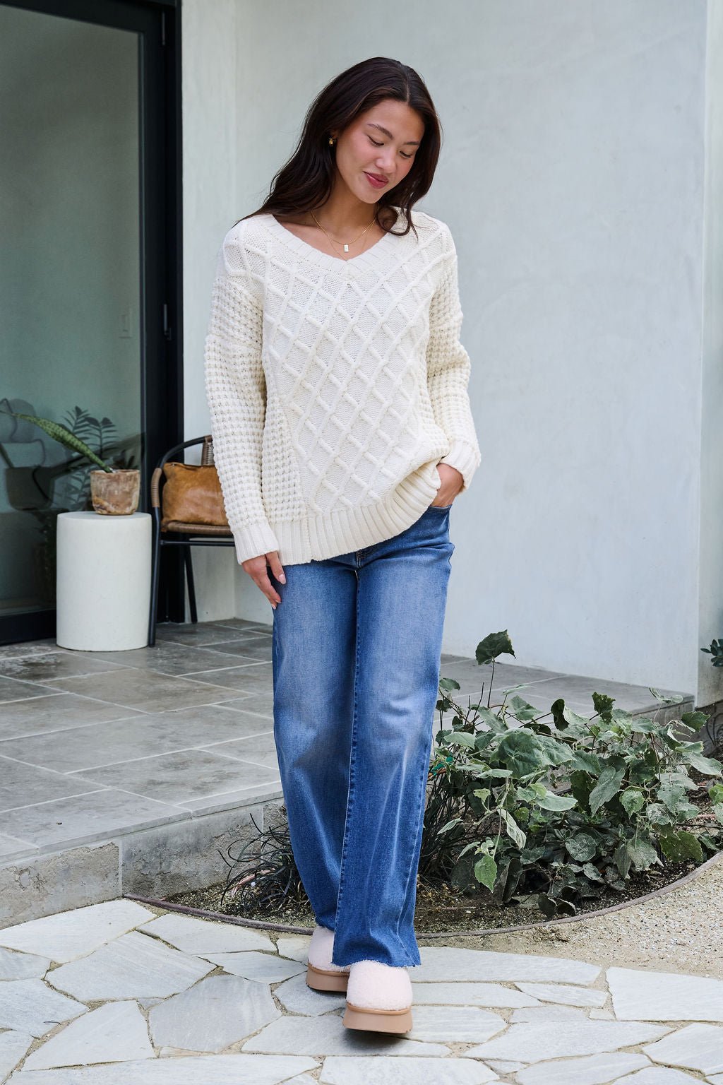 Ivory Textured Cable Knit Sweater