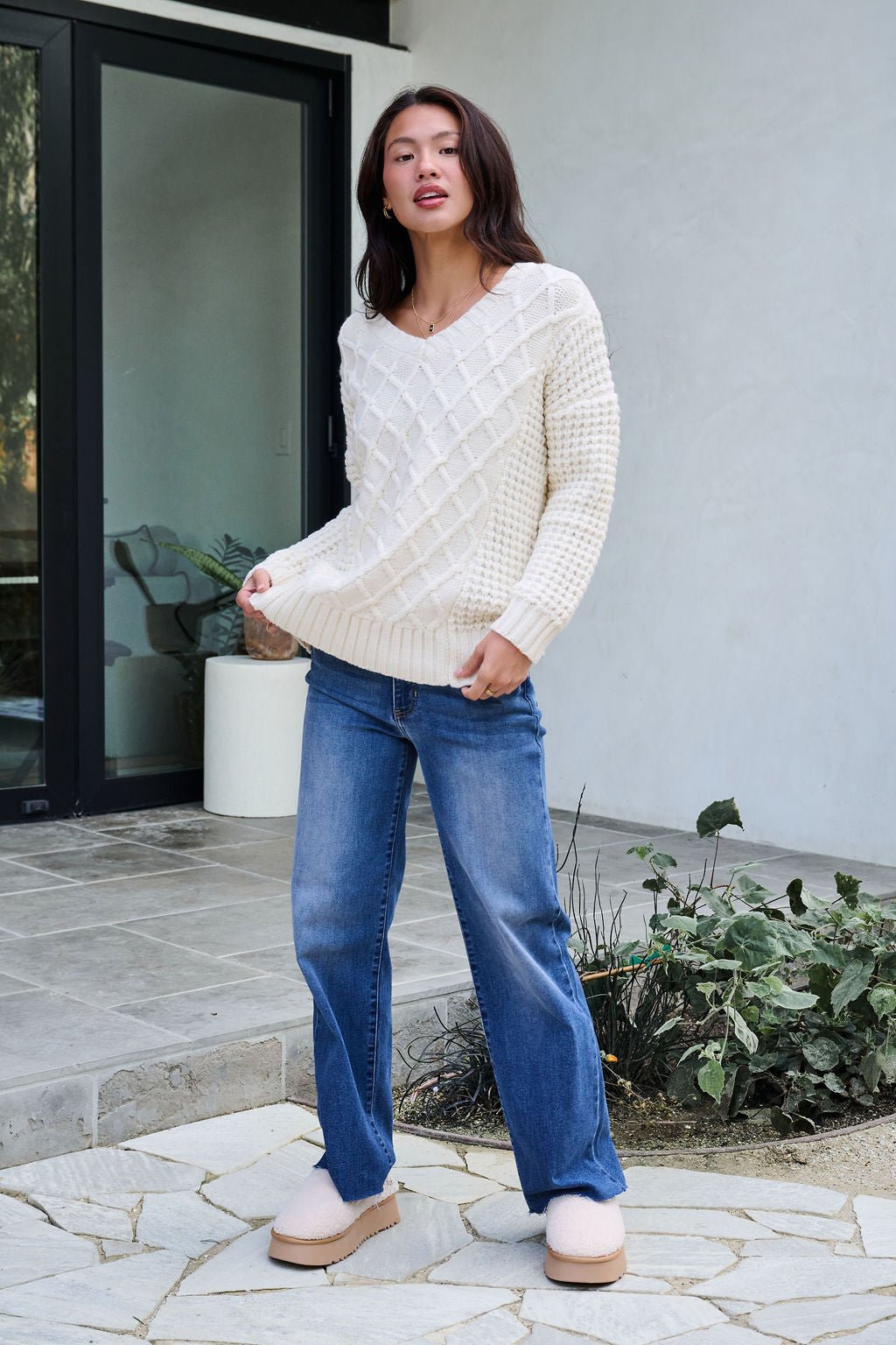 Ivory Textured Cable Knit Sweater