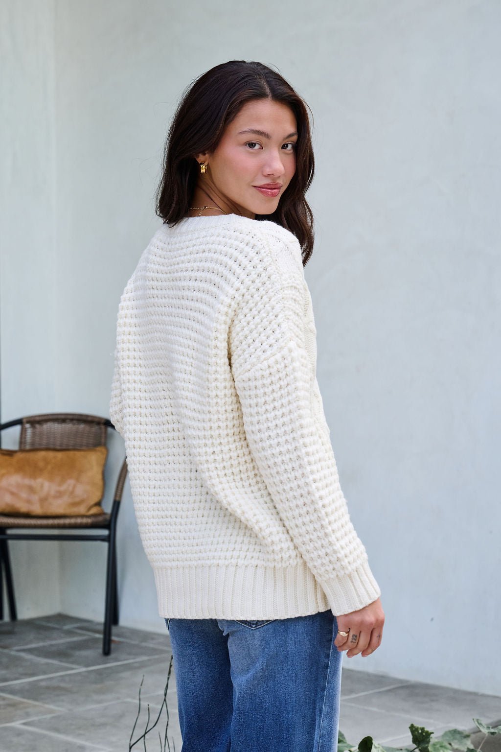 Ivory Textured Cable Knit Sweater