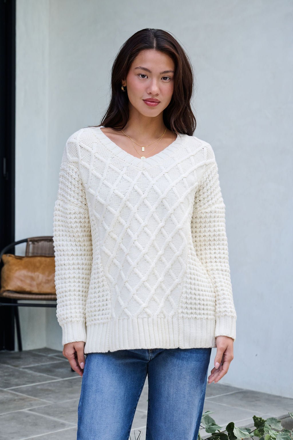 Ivory Textured Cable Knit Sweater