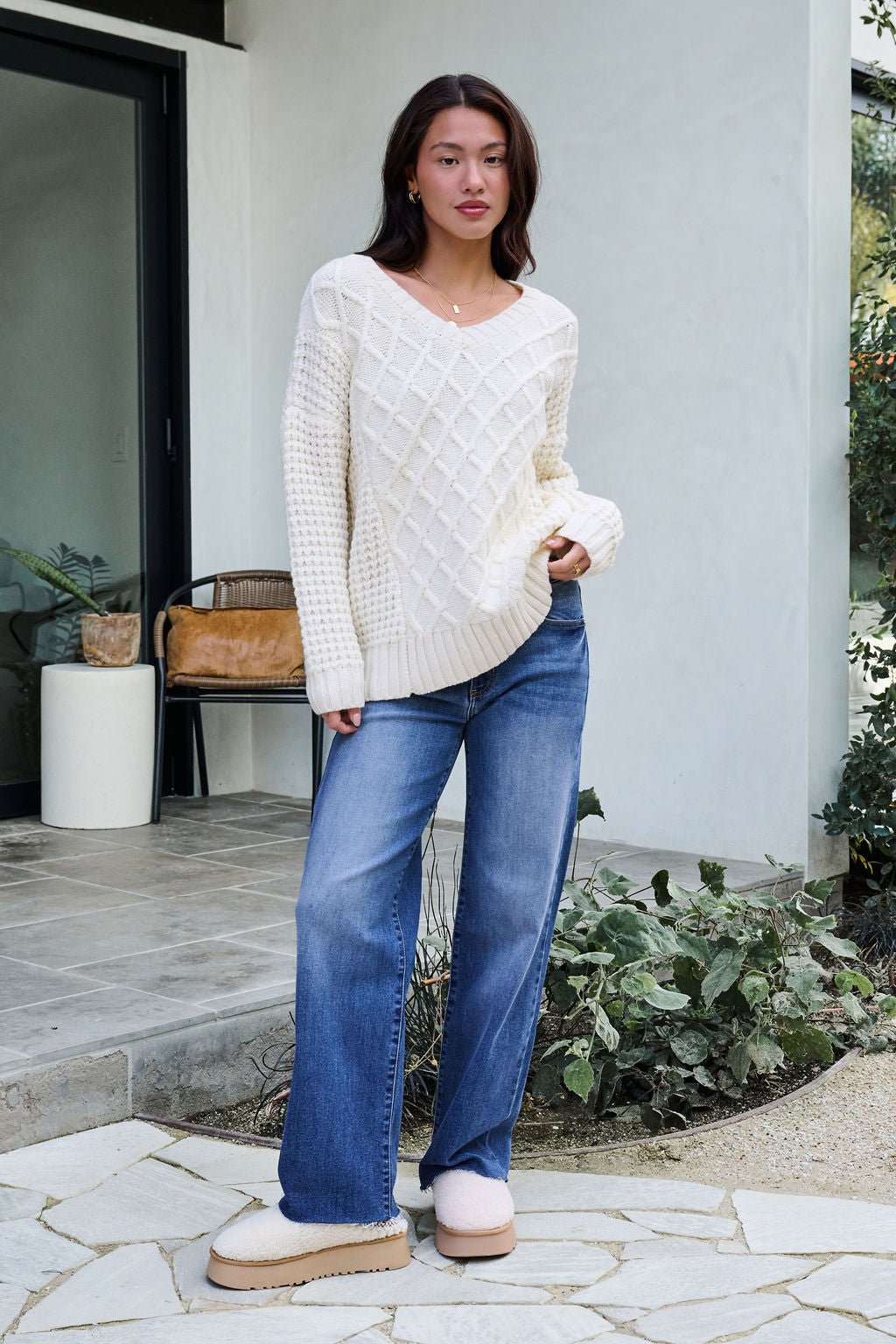 Ivory Textured Cable Knit Sweater