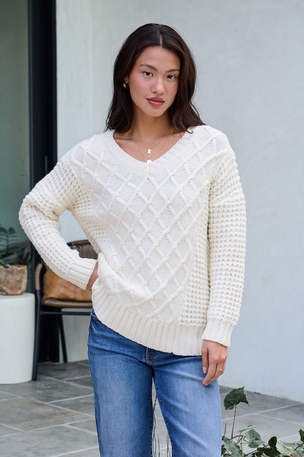 Ivory Textured Cable Knit Sweater