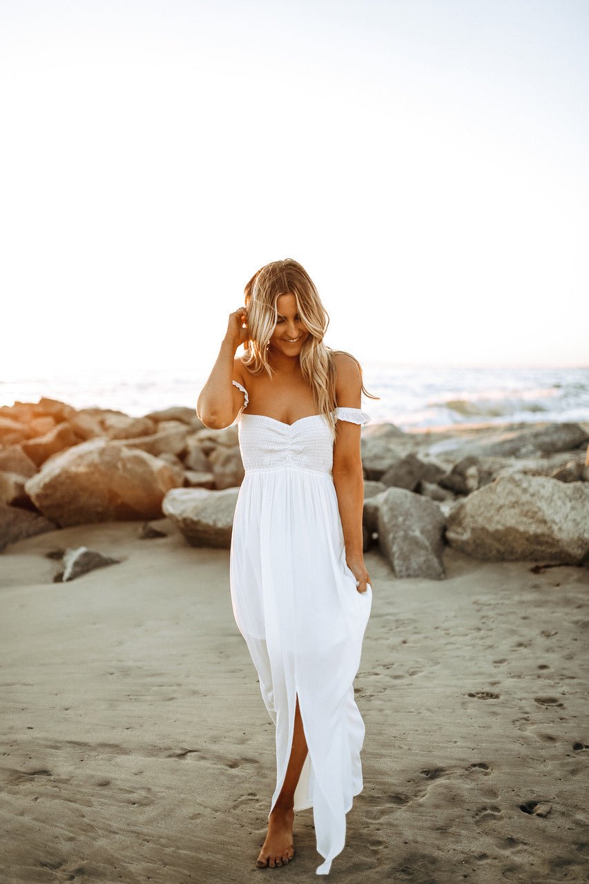 Odella Off Shoulder Dress: Smocked Maxi in Off White
