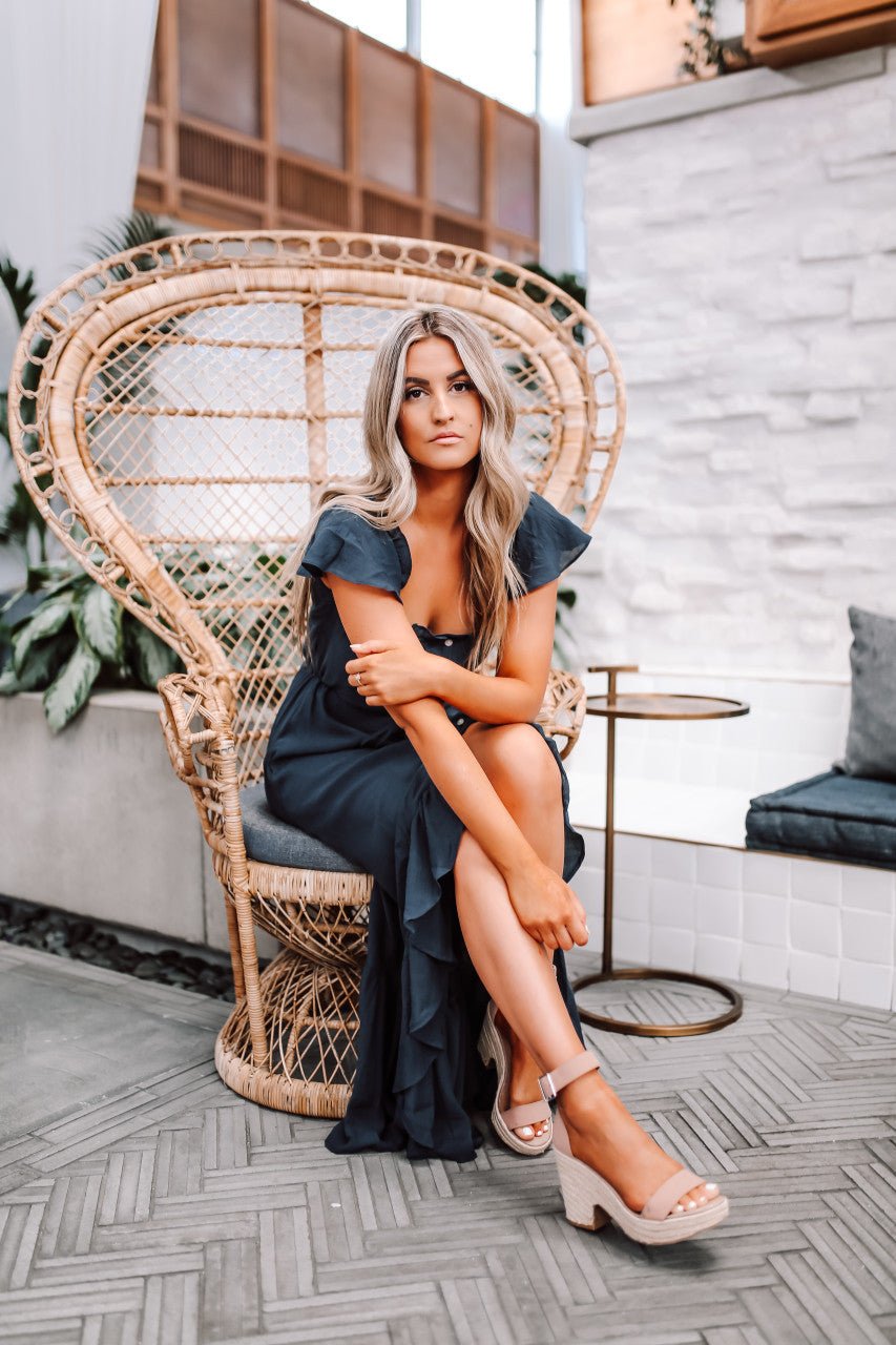 Navy High Low Dress: Off The Shoulder Button Down Maxi