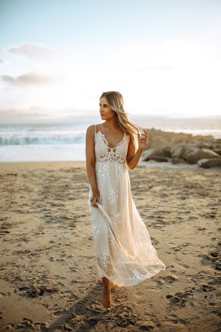 Paradise Island Scalloped Vanilla Lace Maxi Dress
