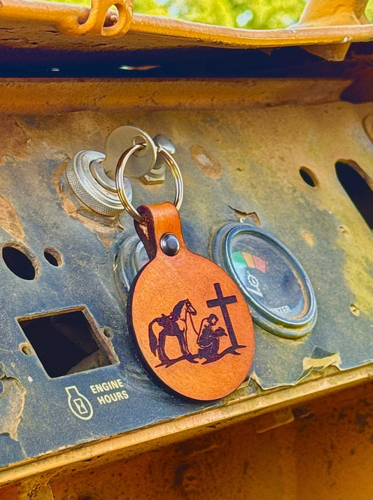 Praying Cowboy Leather Keychain