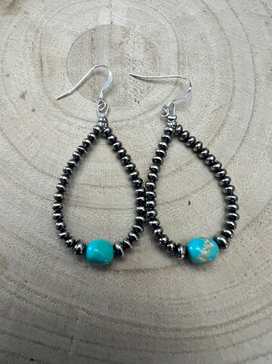 Sterling Silver Pearl & Turquoise Teardrop Earrings - 2 1/2 inch drop