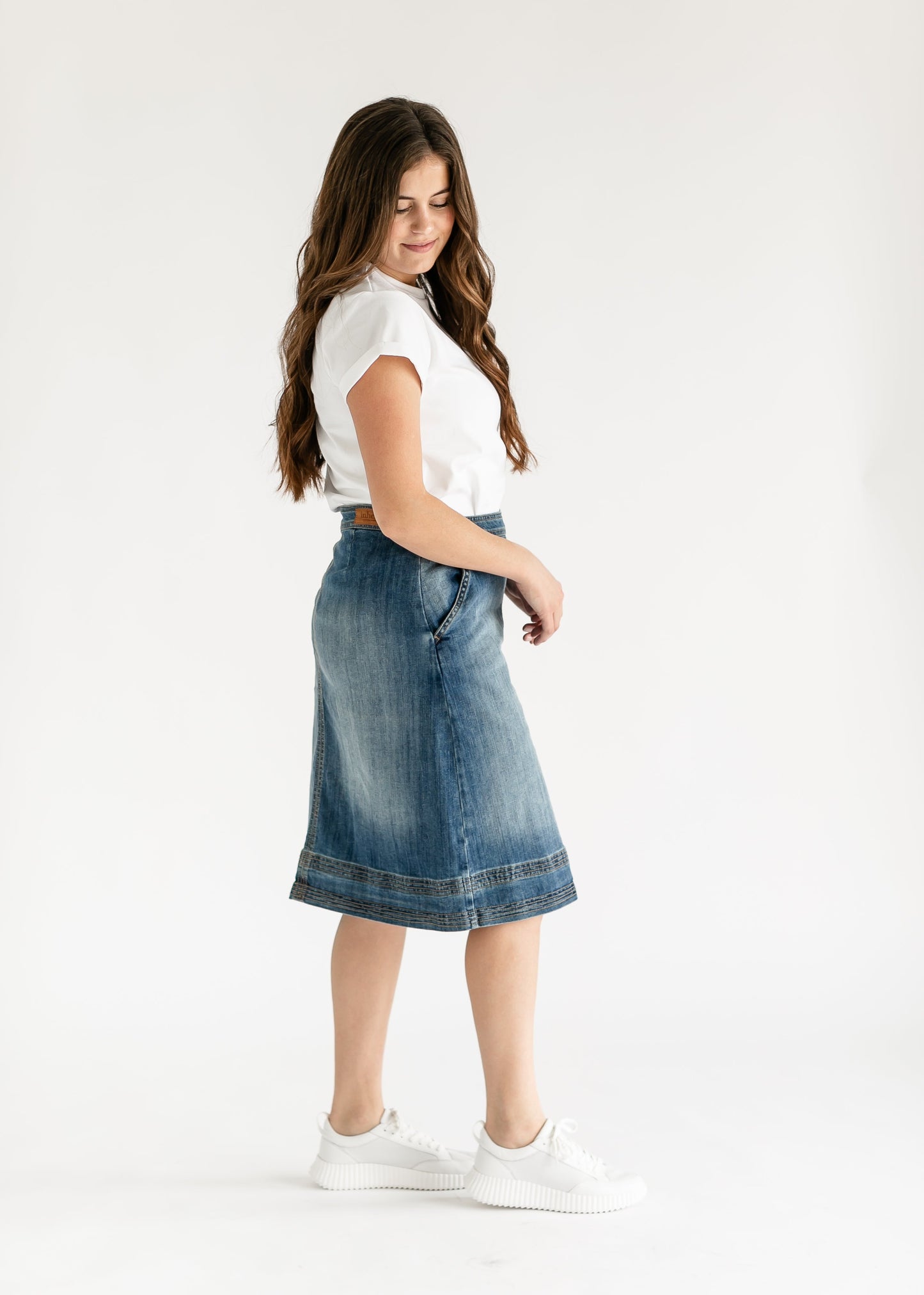 Sutton Side Zip A-line Denim Midi Skirt - FINAL SALE