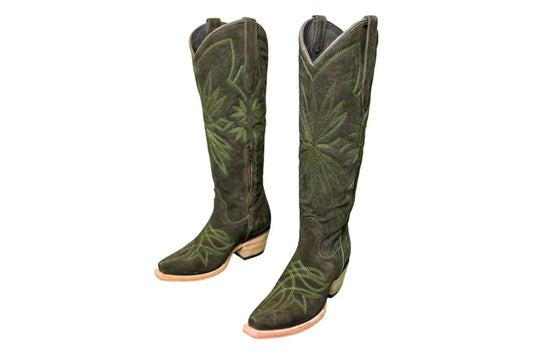 The Lorraine Knee-High Western Boots – Olive Suede - PRESALE