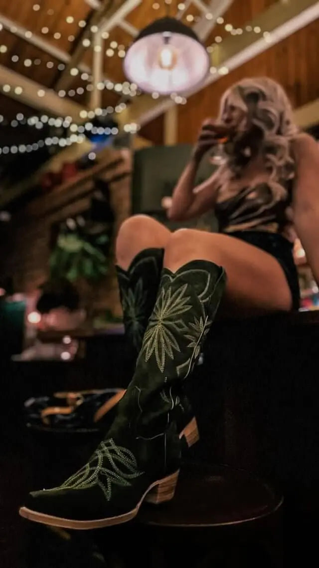 The Lorraine Knee-High Western Boots – Olive Suede - PRESALE