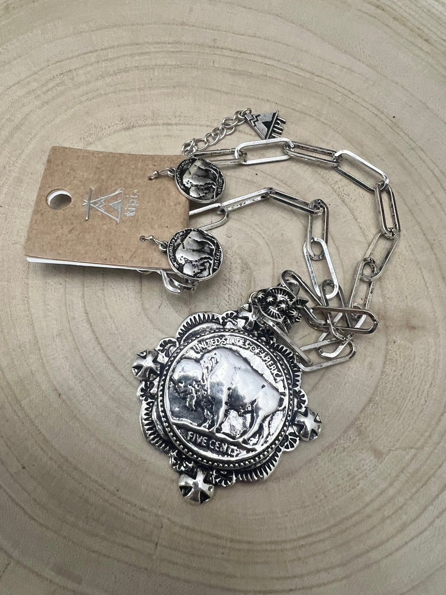 Western Faux Statement size Buffalo Coin Necklace & Earring Set - 18 inch + 3
