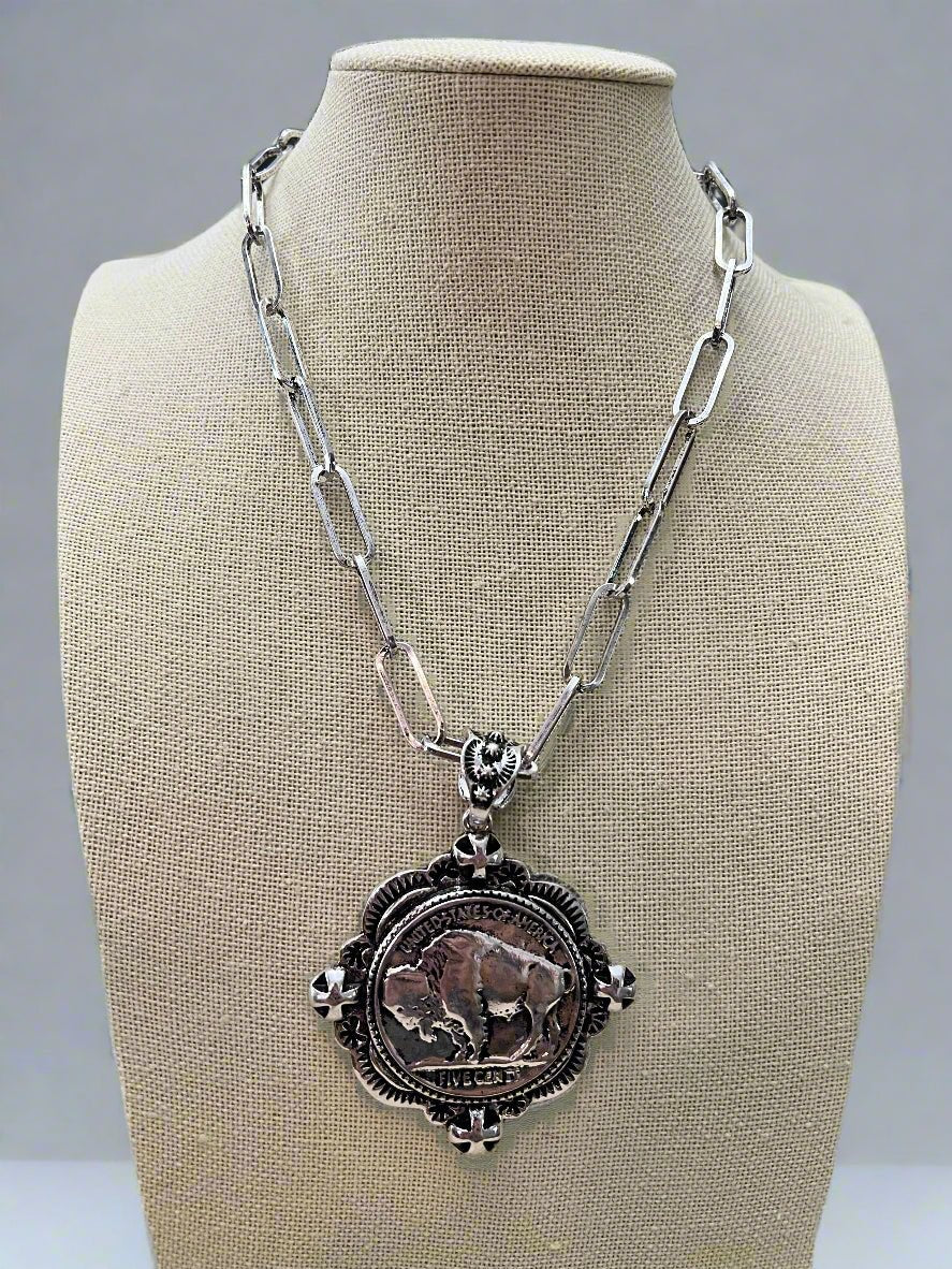 Western Faux Statement size Buffalo Coin Necklace & Earring Set - 18 inch + 3