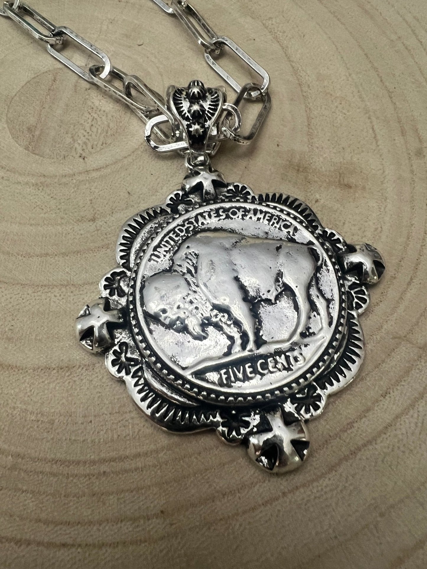 Western Faux Statement size Buffalo Coin Necklace & Earring Set - 18 inch + 3