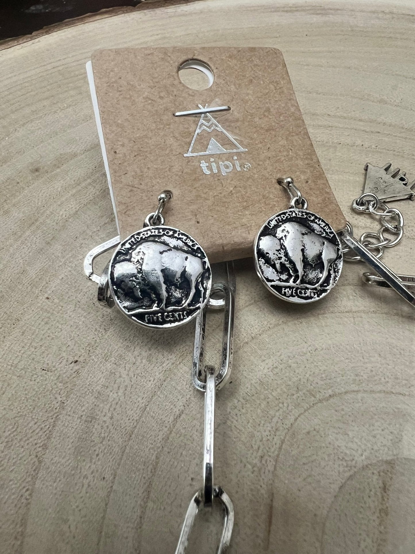 Western Faux Statement size Buffalo Coin Necklace & Earring Set - 18 inch + 3