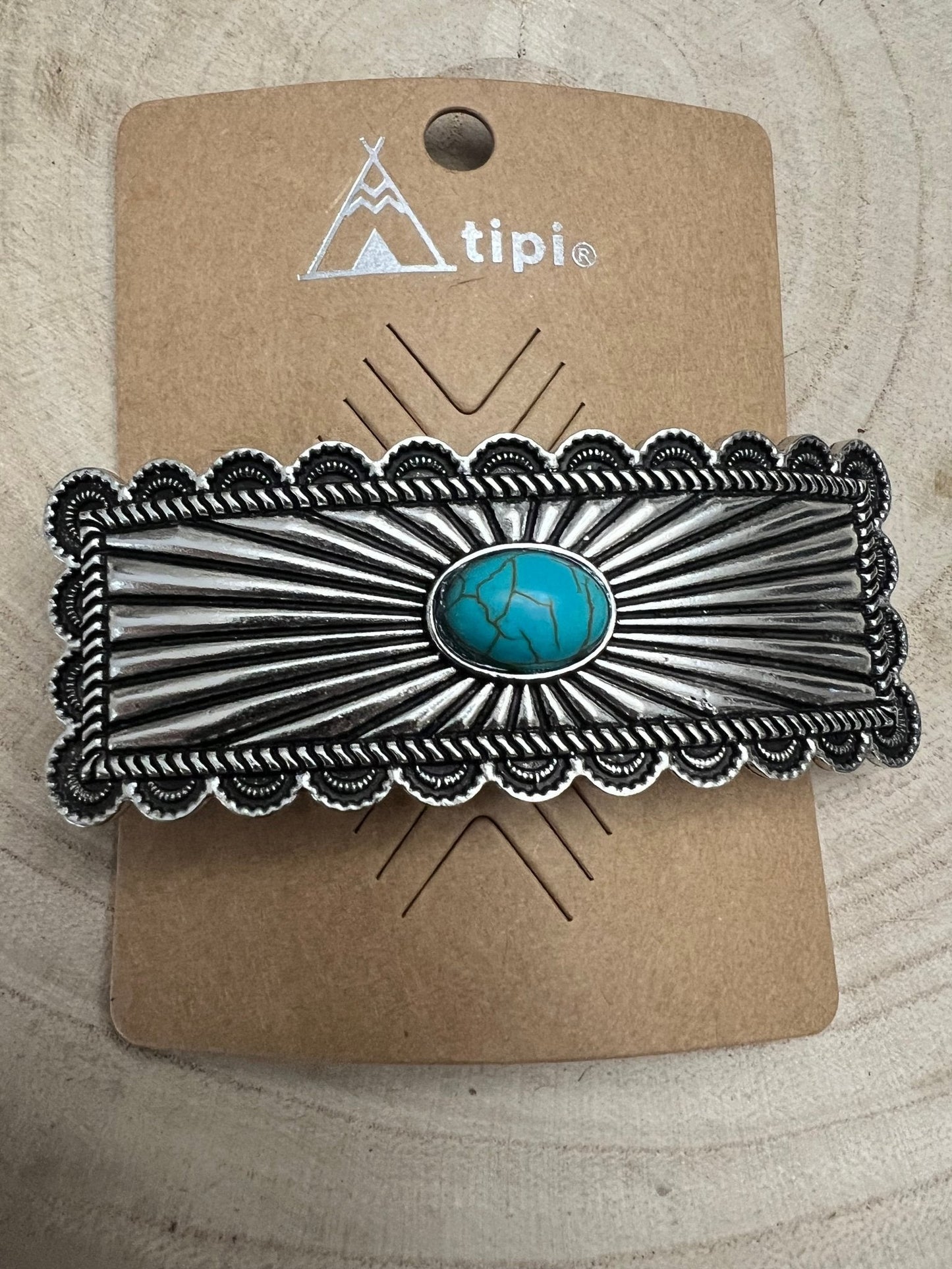 Western Faux Turquoise Etched Silver Metal Hair Barrette