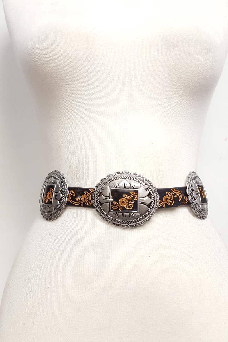 Western Oval Floral Concho Belt hand painted tooled belt