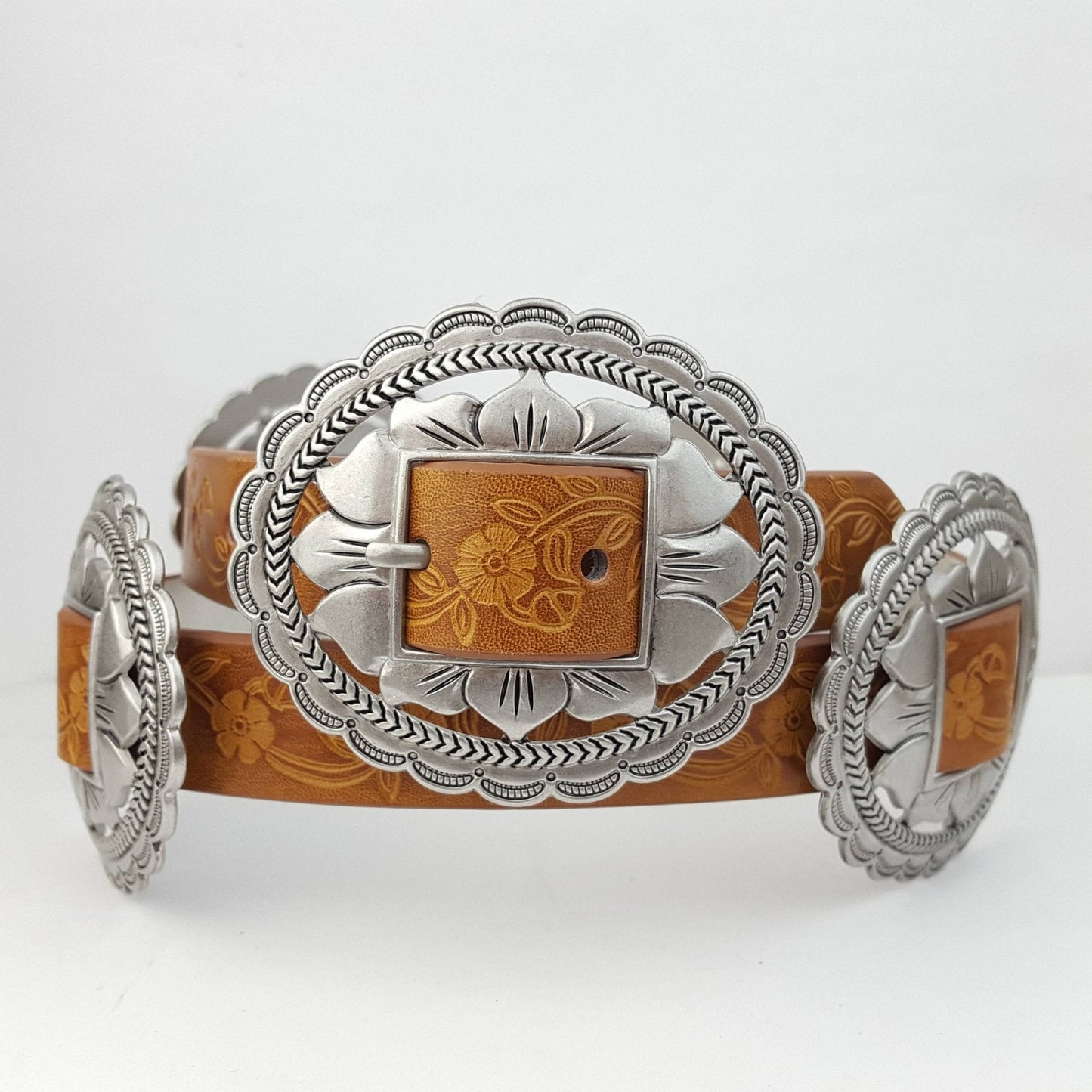 Western Oval Floral Concho Belt hand painted tooled belt